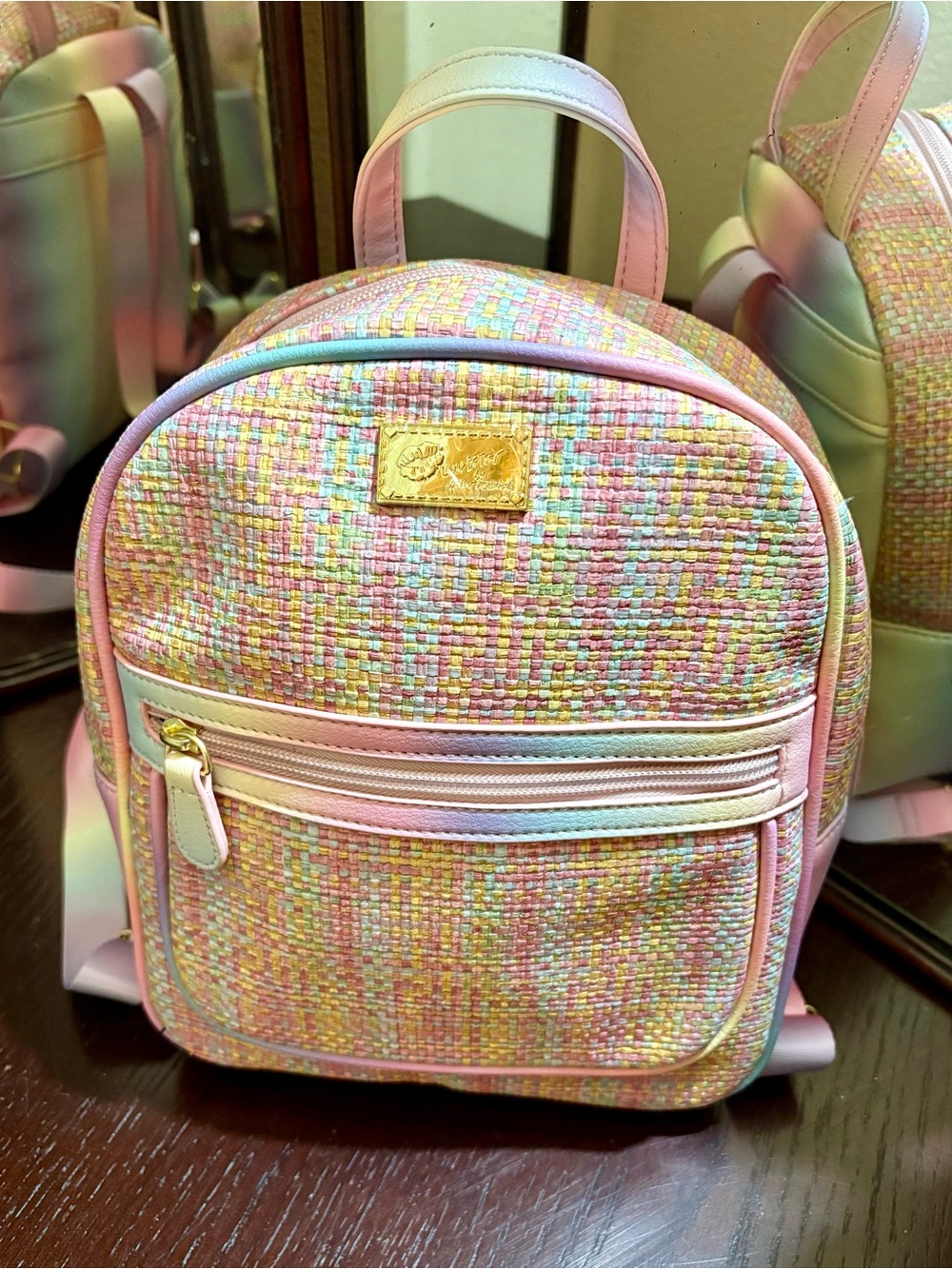Betsey Johnson Pastel Tweed Mini Backpack with Rainbow Straps & Back